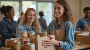 Bénévoles qui distribuent des vivres